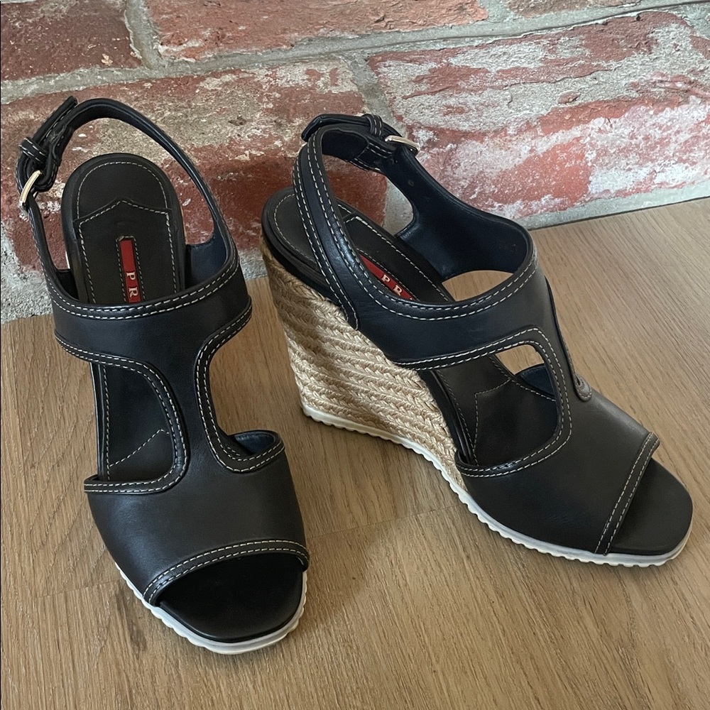 Prada Black and Tan Wedge Sandals Size 38